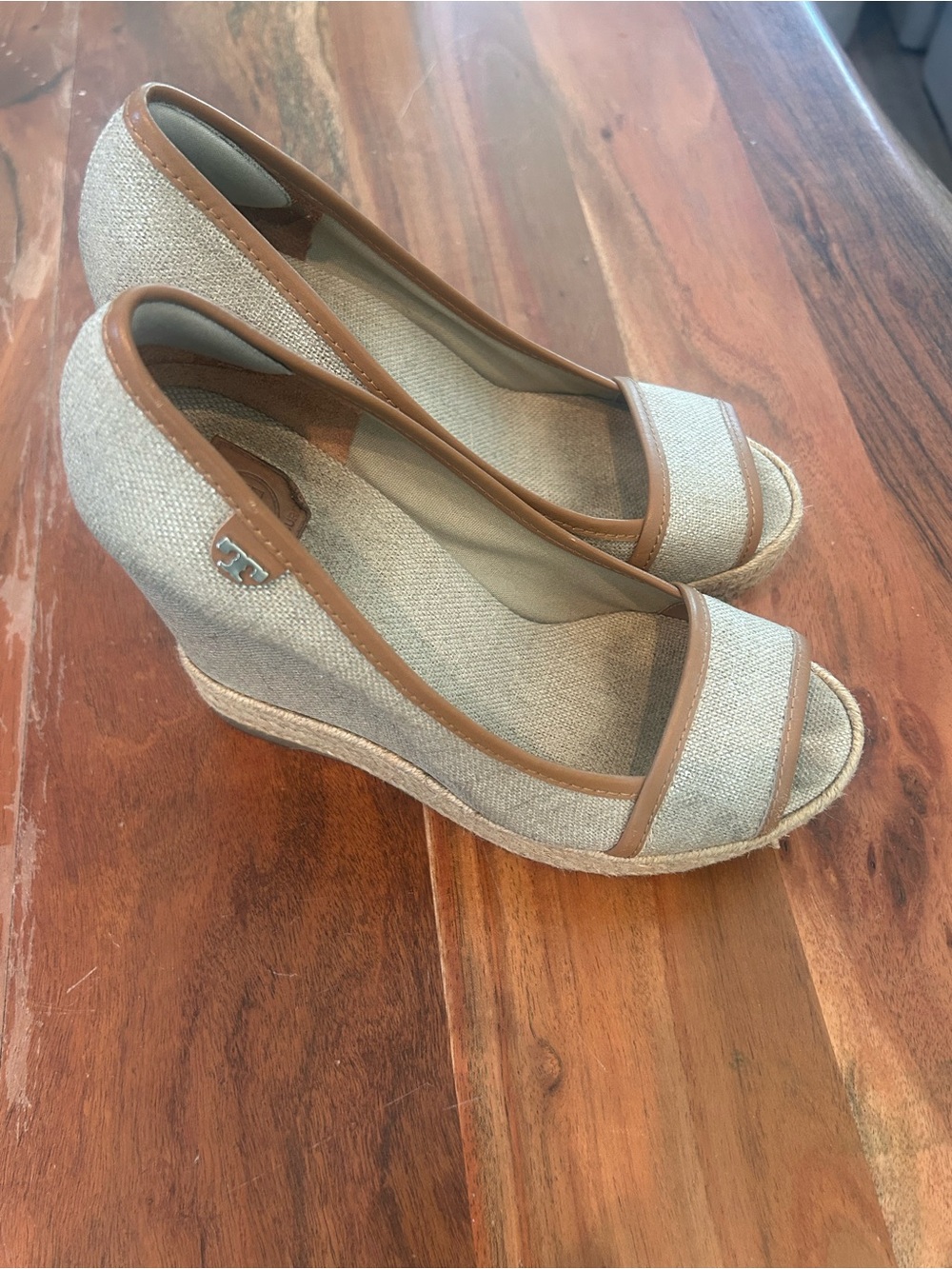 Tory Burch Beige and Tan Espadrille Wedge Peep-Toe size 36